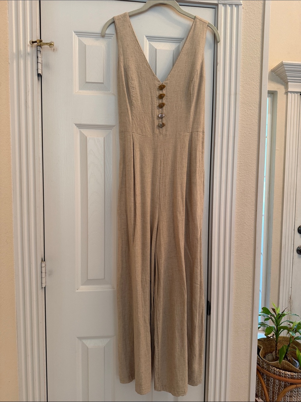 Anthropologie Beige V-Neck Linen Wide-Leg Jumpsuit with Decorative Buttons